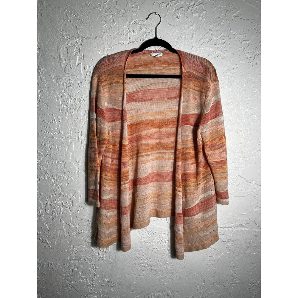 J.Jill Women's M Cotton Linen Open Front Cardigan Peach Striped Lightweight